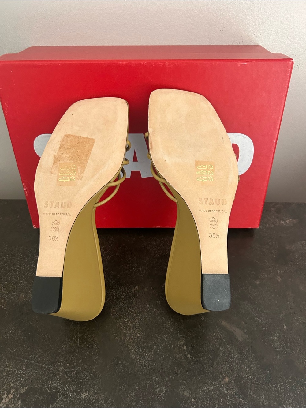 STAUD Yellow Knotted Strappy Slide Heels with Burgundy Insole - Picture 5 of 10